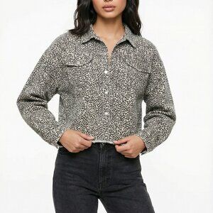 Boutique Mittoshop Oversized Animal Leopard Print Denim Button Down Jacket